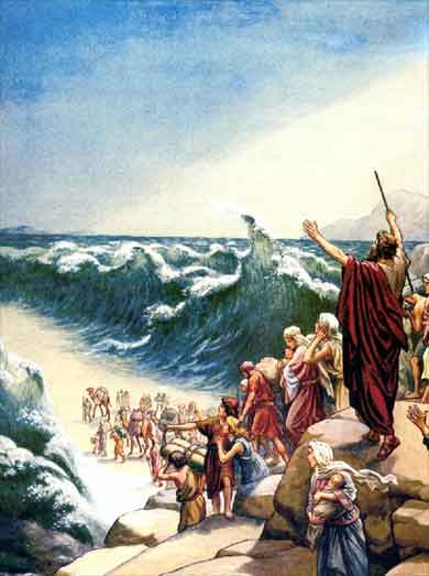 Miracles of the living God; Moses parting the waters of the Red sea that the Israelites may flee from the army of the Pharaoh
